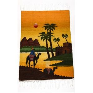 Handwoven wool carpet primitive scenery pyramids camel rider Egypt wall hanging